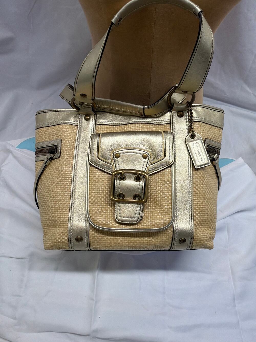 Coach Beige and Gold Straw-Style Shoulder Bag
